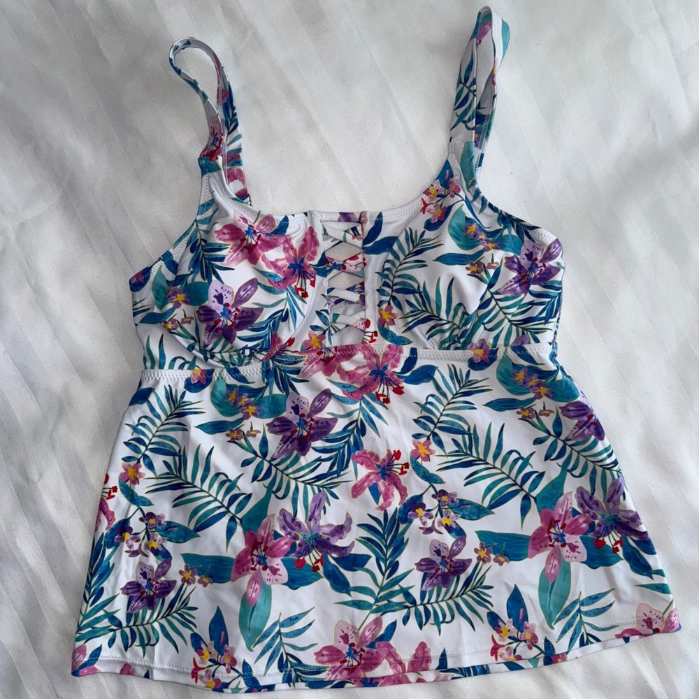 Floral‎ Print Lace-Up Tankini Top Swimsuit Top Beach Pool Vacation Large